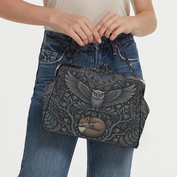 Magic Owl Fox Kisslock Bag, Mystical Forest Crossbody bag, Enchanted Fox Goblincore Handbag, Cottagecore Aesthetic Purse, Boho Gift Purse