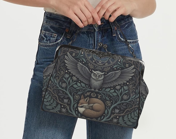 Magic Owl Fox Kisslock Bag, Mystical Forest Crossbody bag, Enchanted Fox Goblincore Handbag, Cottagecore Aesthetic Purse, Boho Gift Purse