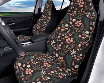 Mushroom Floral Boho Car Seat Cover For Women, Cottagecore Cute Green Floral Front Bucket Seat Cover For Car Vehicle, Nature seat cover