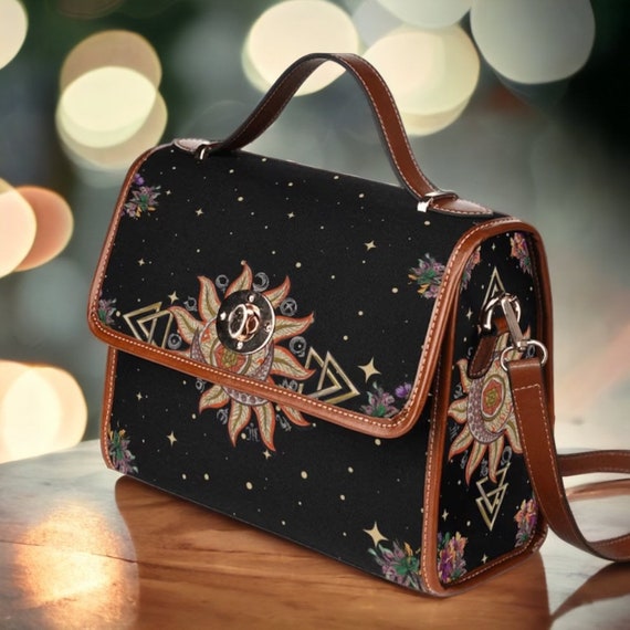 Mystical Sun Moon Canvas Satchel Bag, Vegan Leather Strap Handbag, Witchy sun and Moon Black Canvas Bag, PU Leather Bag, Moon Phase Bag Gift