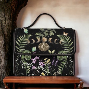Cottagecore Wildflowers Green Witch mini messenger bag, Moon phase Dark academia Black Vegan leather trim handbag, boho purse satchel bag
