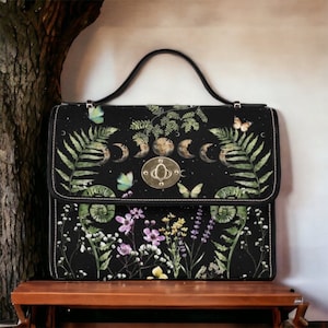 Mini sac messager Cottagecore Wildflowers Green Witch, sac à main Moon phase Dark academia noir bordé de cuir végétalien, sac cartable bohème