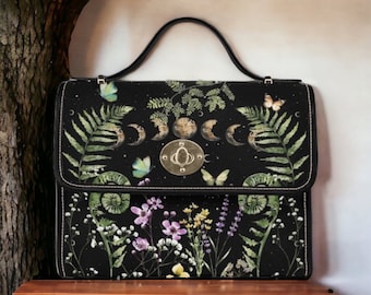 Cottagecore Wildflowers Green Witch mini messenger bag, Moon phase Dark academia Black Vegan leather trim handbag, boho purse satchel bag