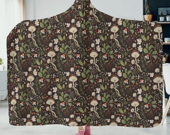 Cottagecore Nature Green blanket hoodie Boho Mushroom Forest Pattern, Cute soft comfy warm wearable blanket, mushroom forest hoodie blanket
