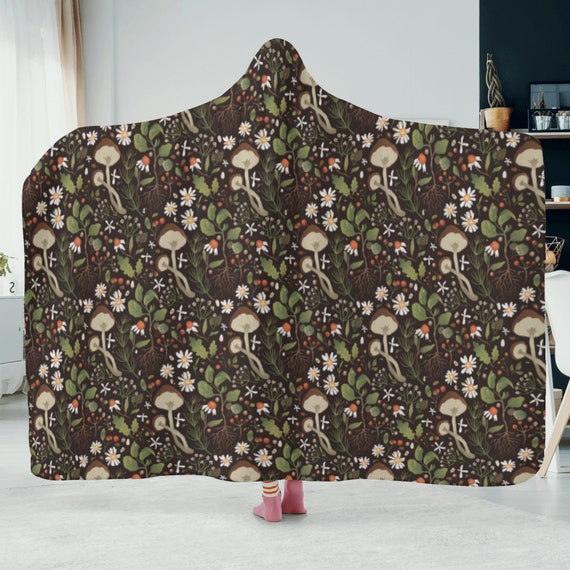Cottagecore Nature Green blanket hoodie Boho Mushroom Forest Pattern, Cute soft comfy warm wearable blanket, mushroom forest hoodie blanket