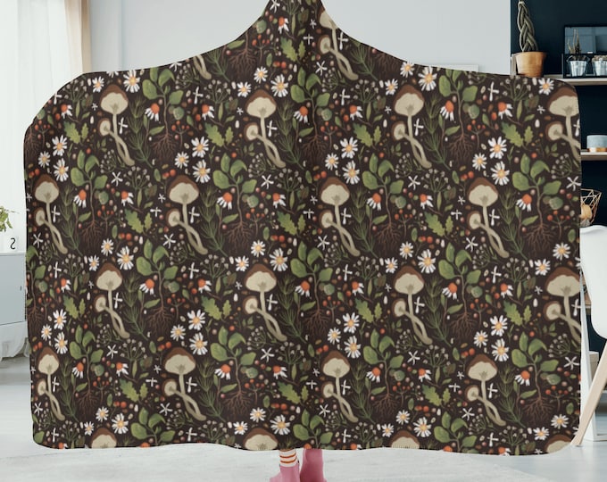 Cottagecore Nature Green blanket hoodie Boho Mushroom Forest Pattern, Cute soft comfy warm wearable blanket, mushroom forest hoodie blanket