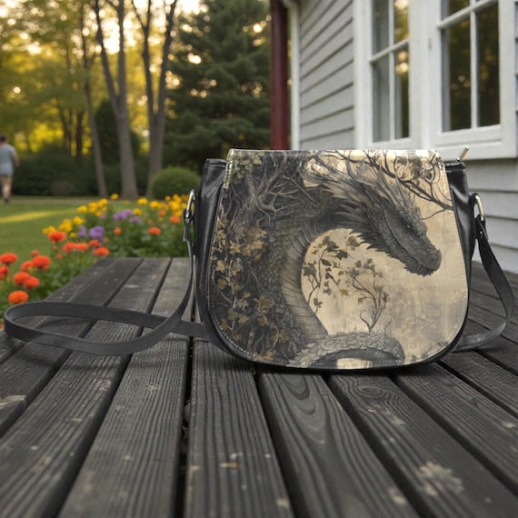 Boho Medieval Dragon crossbody saddle bag, Witchy Cottagecore Vegan leather shoulder bag, Renaissance saddle purse, boho hippies gift purse