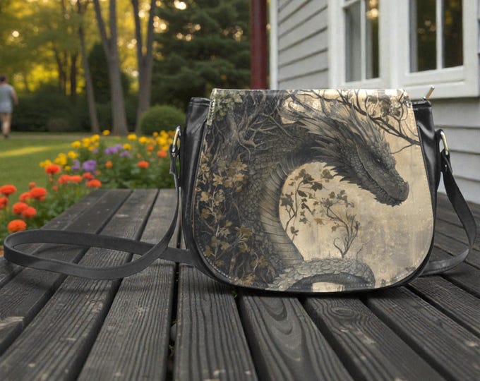 Boho Medieval Dragon crossbody saddle bag, Witchy Cottagecore Vegan leather shoulder bag, Renaissance saddle purse, boho hippies gift purse