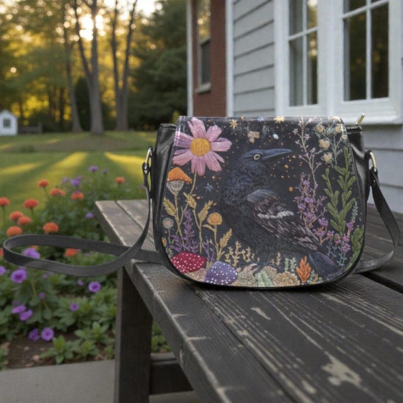 Witchy Crow in Wildflowers crossbody saddle bag, Boho Witch Cottagecore Vegan leather shoulder bag, Cute animal saddle purse handbag gift