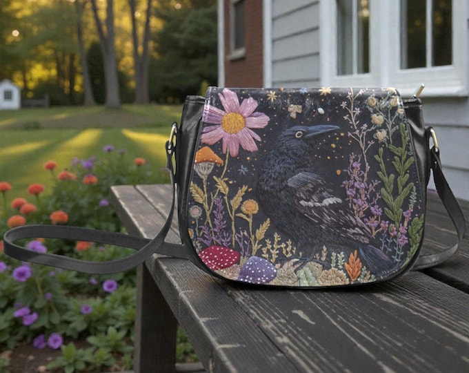 Witchy Crow in Wildflowers crossbody saddle bag, Boho Witch Cottagecore Vegan leather shoulder bag, Cute animal saddle purse handbag gift
