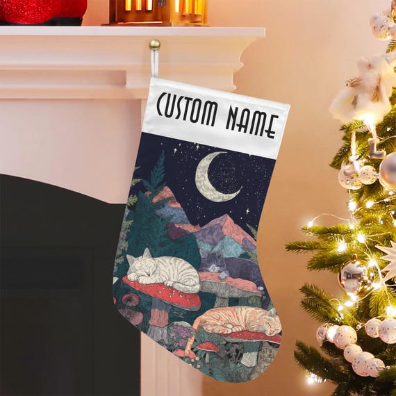 Custom Christmas Stocking, Mushroom Sleeping Cats Custom Stuffer, Cottagecore Fairy Christmas Stocking, dark academia witchy gift