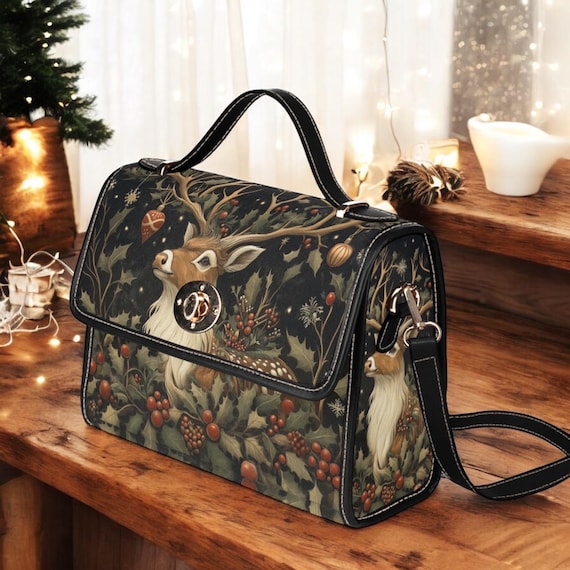 Boho Christmas Deer in the Forest Canvas Satchel bag, Cottagecore forestcore crossbody purse, cute vegan leather strap goblincore bag gift