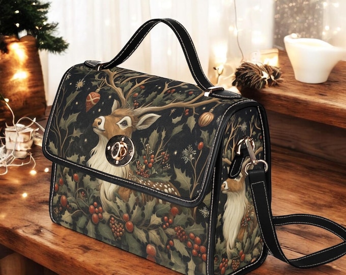 Boho Christmas Deer in the Forest Canvas Satchel bag, Cottagecore forestcore crossbody purse, cute vegan leather strap goblincore bag gift