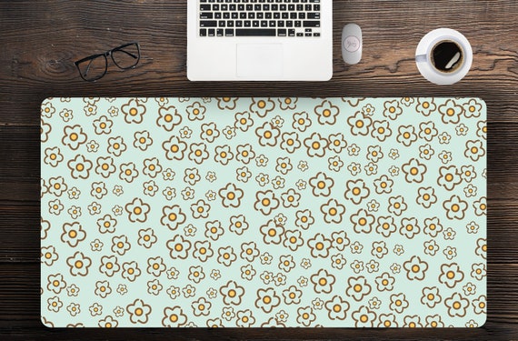 Aesthetic Cottagecore Spring Flowers Green Kawaii Desk Mat, Large Mouse Pad Hemmed Edge, Pastel Kawaii Desk Mat Extra Large Free Shipping