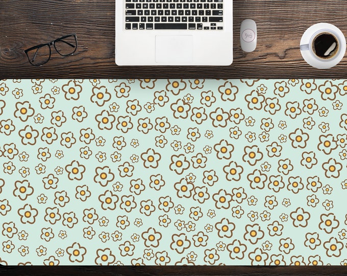 Aesthetic Cottagecore Spring Flowers Green Kawaii Desk Mat, Large Mouse Pad Hemmed Edge, Pastel Kawaii Desk Mat Extra Large Free Shipping