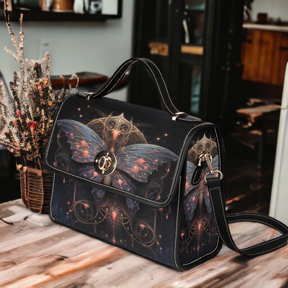 Cottagecore moth Forest Green Witch mini messenger bag, Moon phase Dark academia Black Vegan leather trim handbag, boho purse satchel bag