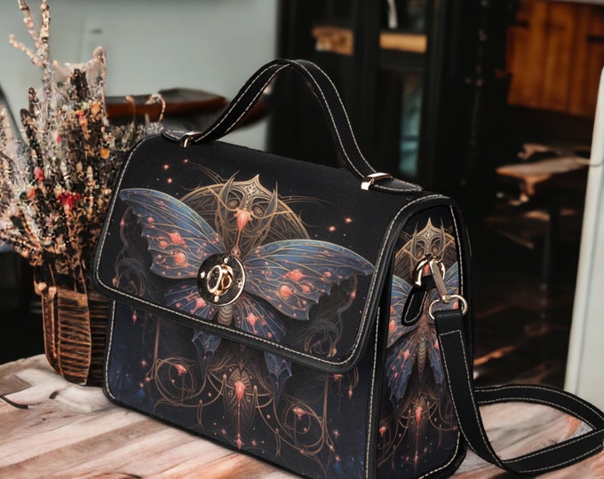 Cottagecore moth Forest Green Witch mini messenger bag, Moon phase Dark academia Black Vegan leather trim handbag, boho purse satchel bag