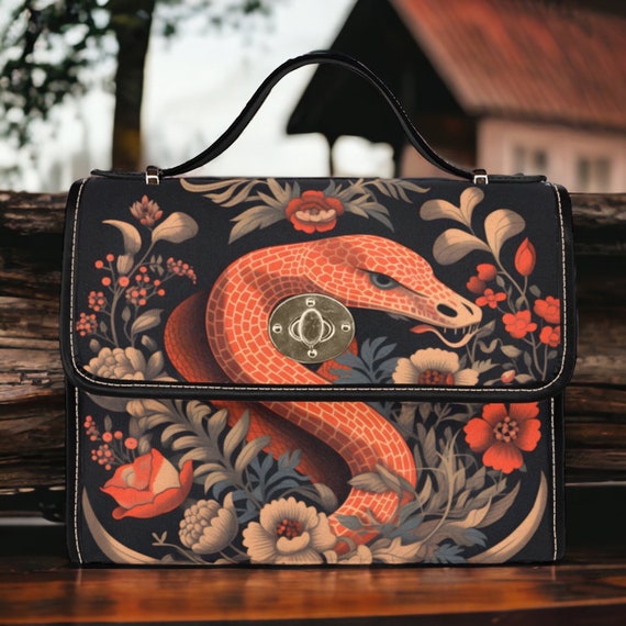Retro Boho Snake Cottagecore Canvas Satchel bag, cottagecore forest women purse, vegan leather strap hand bag boho bag, hippies boho gift
