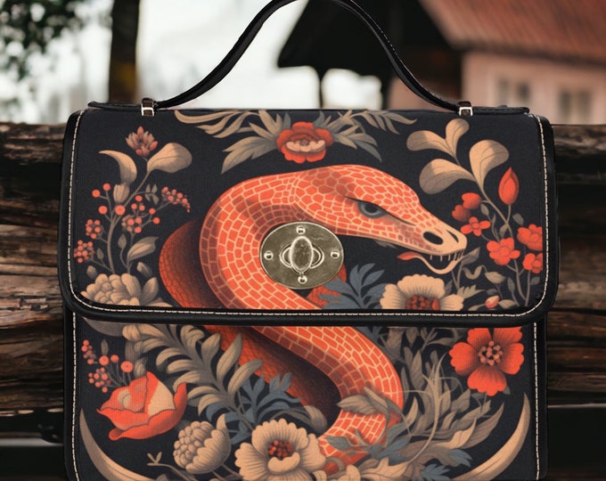 Retro Boho Snake Cottagecore Canvas Satchel bag, cottagecore forest women purse, vegan leather strap hand bag boho bag, hippies boho gift