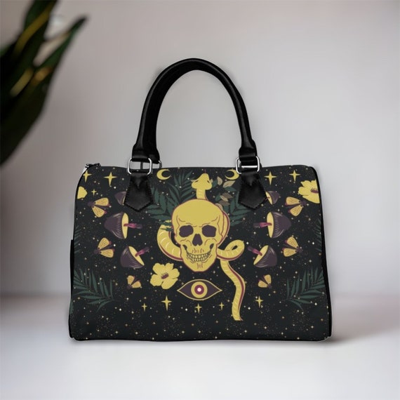 Kawaii Witch Top Handle Vegan leather Cottagecore bag, Witchy mushroom skull dark academia purse women, witch goth bag, hippies boho gift