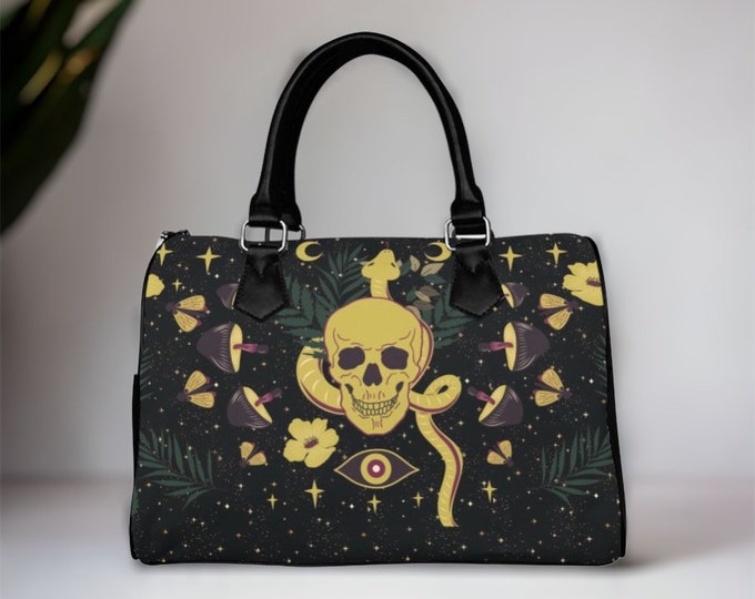 Kawaii Witch Top Handle Vegan leather Cottagecore bag, Witchy mushroom skull dark academia purse women, witch goth bag, hippies boho gift