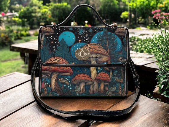 Cottagecore witch Canvas Satchel bag, Cute women mushroom crossed body purse, cute vegan leather strap hand bag goth bag, hippies boho gift