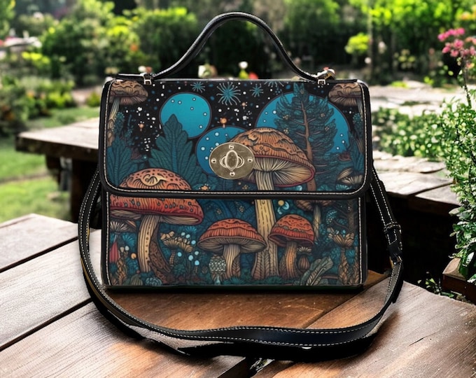 Cottagecore witch Canvas Satchel bag, Cute women mushroom crossed body purse, cute vegan leather strap hand bag goth bag, hippies boho gift
