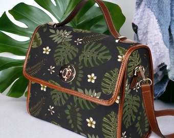 Cottagecore Monstera Canvas Satchel tas, Leuke vrouwen boho monstera gekruiste body portemonnee, schattige vegan lederen riem handtas, hippies boho cadeau