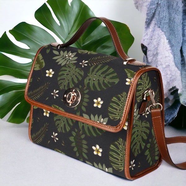 Cottagecore Monstera Canvas Satchel bag, Cute women boho monstera crossed body purse, cute vegan leather strap hand bag, hippies boho gift