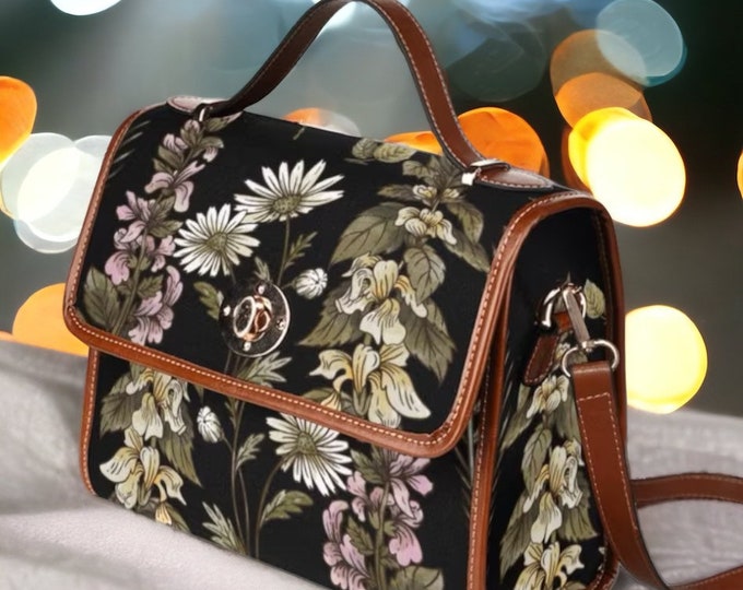 Black Kawaii Witch Forest Cottagecore Canvas Satchel bag, cottagecore forest purse, cute vegan leather strap boho bag, hippies boho gift