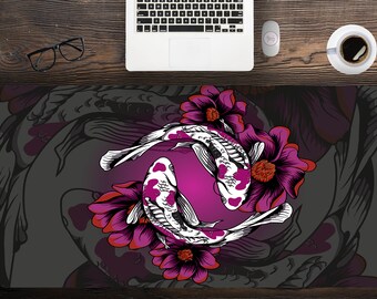 Dark Purple koi fish Desk Mat Extra LArge For Gaming, Cute Desk Mat Multiple Sizes, Large Mouse Pad Hemmed Edge, Extended Gaming Pad