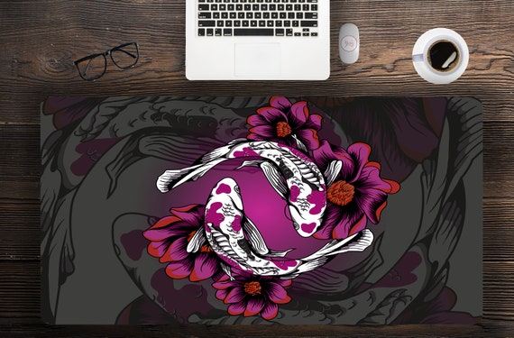 Dark Purple koi fish Desk Mat Extra LArge For Gaming, Cute Desk Mat Multiple Sizes, Large Mouse Pad Hemmed Edge, Extended Gaming Pad