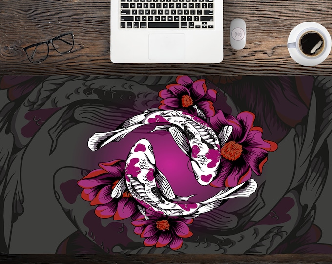 Dark Purple koi fish Desk Mat Extra LArge For Gaming, Cute Desk Mat Multiple Sizes, Large Mouse Pad Hemmed Edge, Extended Gaming Pad