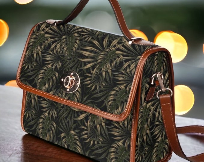 Cottagecore Green Monstera Canvas Satchel bag, women boho monstera crossed body purse, cute vegan leather strap hand bag, hippies boho gift