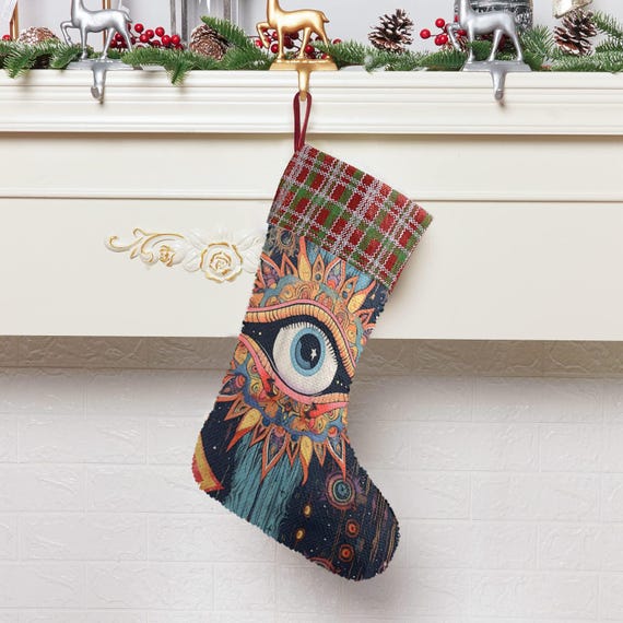 Mystical Eye Boho Sequin Stocking, Dark Santa Gift stuffer, Fireplace Mystic Christmas gift decor, Holliday stuffer, Esoteric Christmas Cat