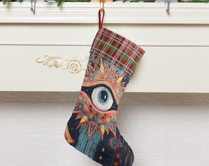 Mystical Eye Boho Sequin Stocking, Dark Santa Gift stuffer, Fireplace Mystic Christmas gift decor, Holliday stuffer, Esoteric Christmas Cat