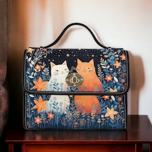 Cottagecore Boho Cute Cats Black Canvas Satchel bag, Luna cats animal crossbody purse, cute black strap hand bag, hippies boho gift purse