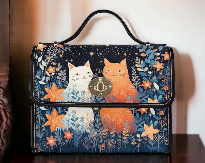 Cottagecore Boho Cute Cats Black Canvas Satchel bag, Luna cats animal crossbody purse, cute black strap hand bag, hippies boho gift purse