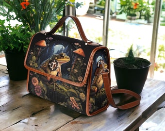 Green Frog Canvas Satchel bag, Whimsical mushroom frog purse, Vegan leather strap Dark Cottagecore cute black boxy boho hippies gift handbag