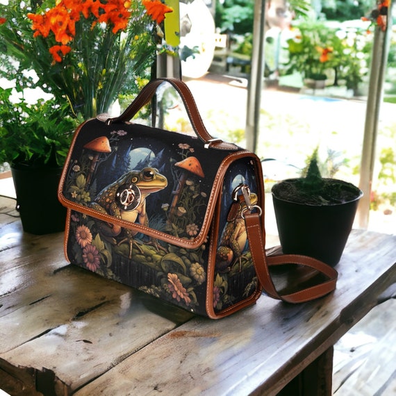 Green Frog Canvas Satchel bag, Whimsical mushroom frog purse, Vegan leather strap Dark Cottagecore cute black boxy boho hippies gift handbag