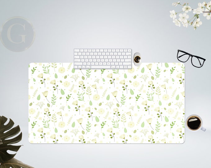 Aesthetic Green Floral Desk Mat with Multiple Size Options, Home Office Desk Mat, Gift For Coworker, Extended Mouse Pad, Large Desk Mat Cute