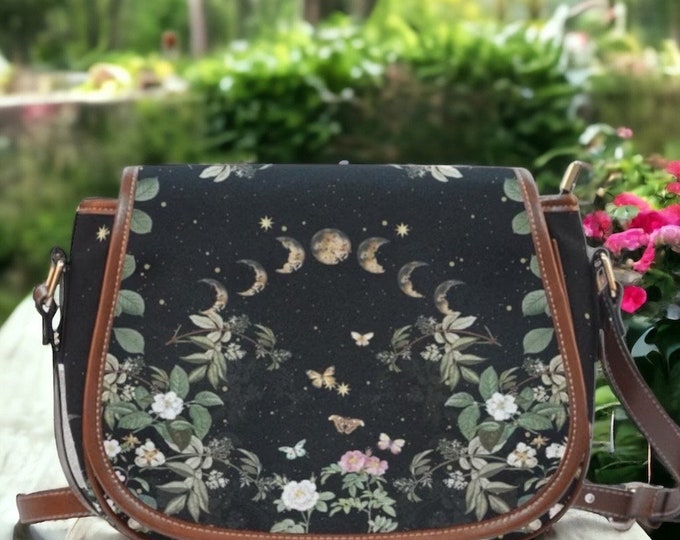 Cottagecore Moon Phases Witchy Vegan leather saddle bag, Witchy mystical floral crossed body purse women, witch goth bag, hippies boho gift