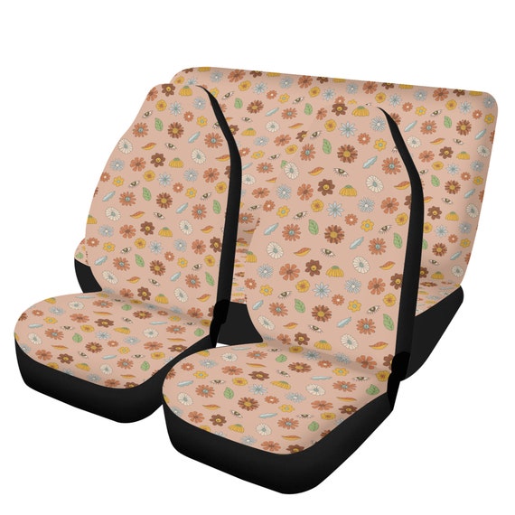Flowers and Mushroom Retro Boho Car Seat Cover For Women, Universal Fit Cute Colorful Floral Front Bucket Seat Cover For Car Vehicle