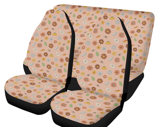 Flowers and Mushroom Retro Boho Car Seat Cover For Women, Universal Fit Cute Colorful Floral Front Bucket Seat Cover For Car Vehicle