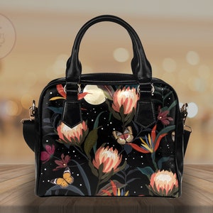 Sac à main élégant Flowers bowler, Cute Witch PU Sac à bandoulière en cuir végétalien, Sac à main Witch Purse, Mignon petit sac à main noir poignée supérieure