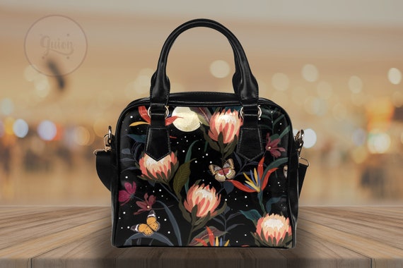 Elegant Flowers bowler hand bag, Cute Witch PU Vegan leather shoulder strap bag, Witch purse handbag, Cute small black purse top handle