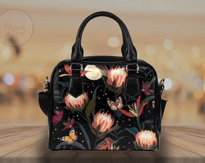 Elegant Flowers bowler hand bag, Cute Witch PU Vegan leather shoulder strap bag, Witch purse handbag, Cute small black purse top handle