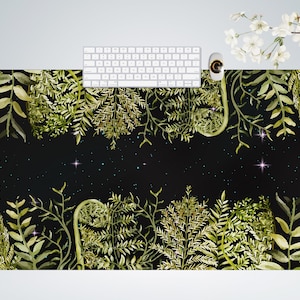 Boho Cottagecore Green Ferns Desk Mat, Cute Mouse Pad , Green Watercolor Cottagecore Desk Mat, Large Mouse Pad Home Office Boho Desk Decor
