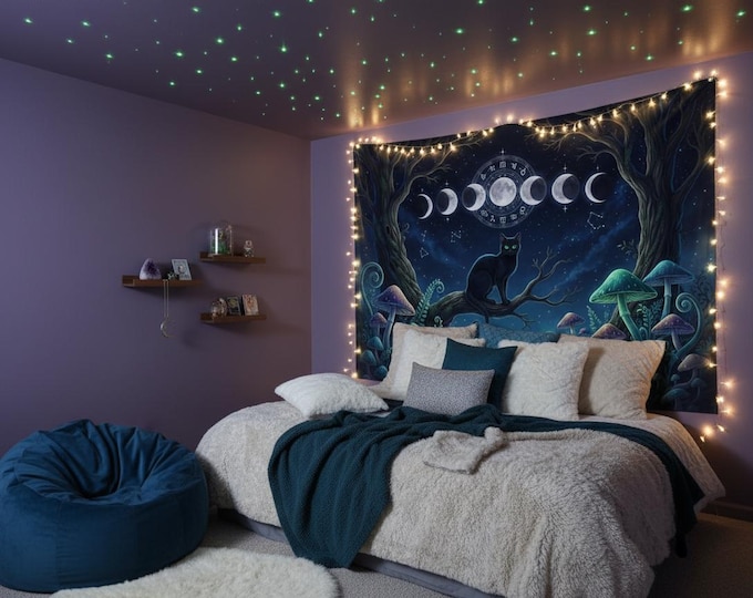 Witchy Black Cat Tapestry | Moon Phases Starry Sky Wall Art | Cottagecore Forest Tapestry | Large Astrology Decor | Boho Hippies Gift