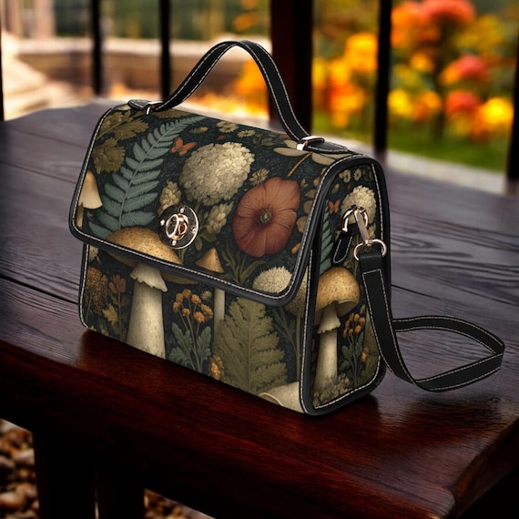 Green Mushroom Cottagecore Canvas Satchel bag, cottagecore forest women purse, cute vegan leather strap hand bag boho bag, hippies boho gift